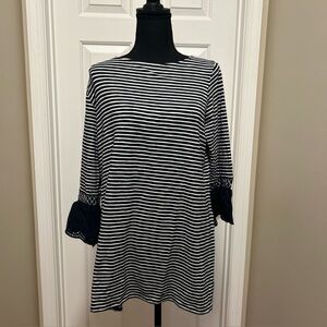 J. Jill Black and White Striped Boatneck Tunic with Lace-Trim Sleeves